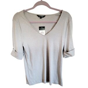 Lauren Ralph Lauren L Top Knit Short Cuff Sleeves Pullover V-Neck‎ Gray NWT